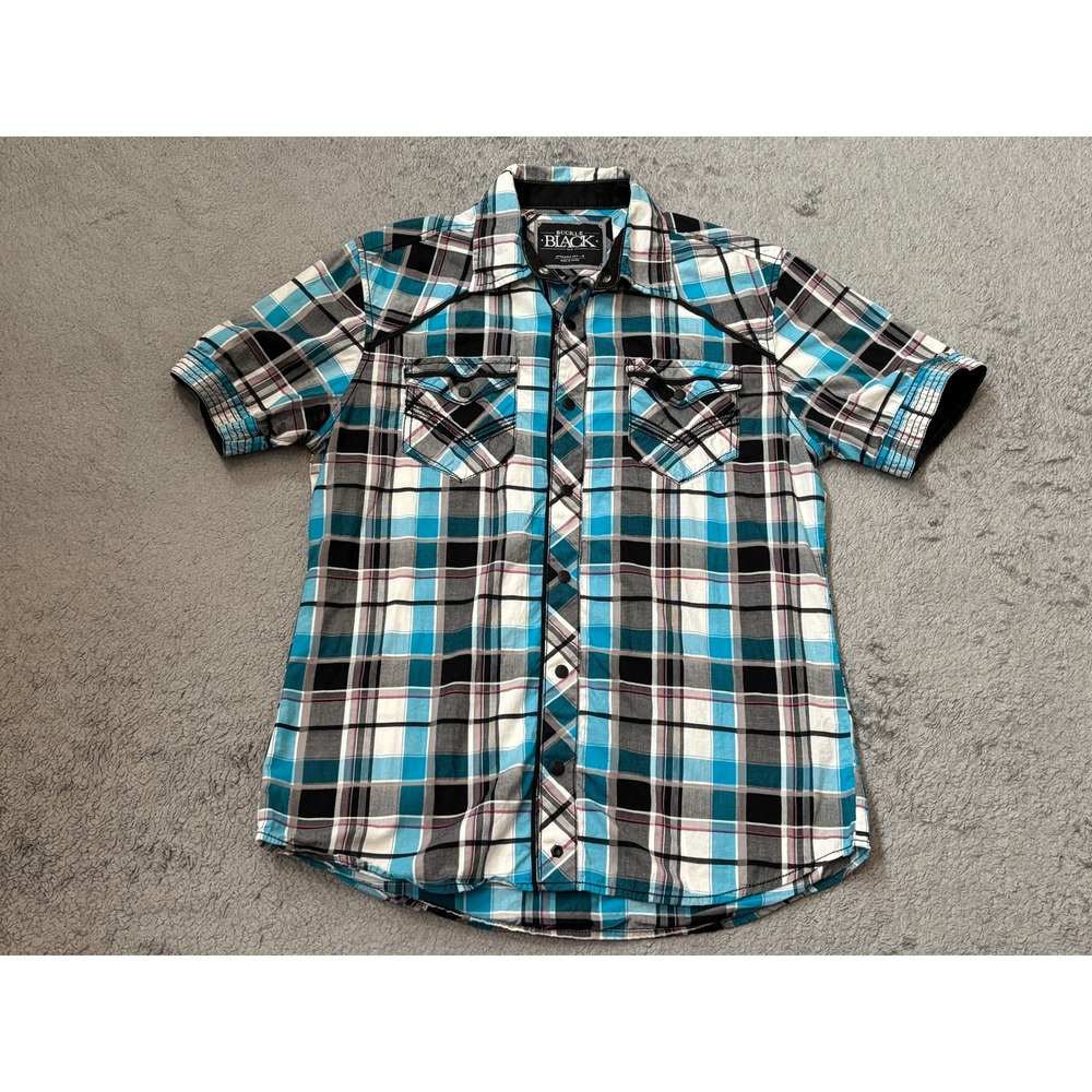 Buckle Black Mens Athletic Fit Plaid Short Sleeve Western Snap Shirt Blue M